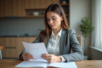 Femme examinant un contrat de location dans un appartement moderne