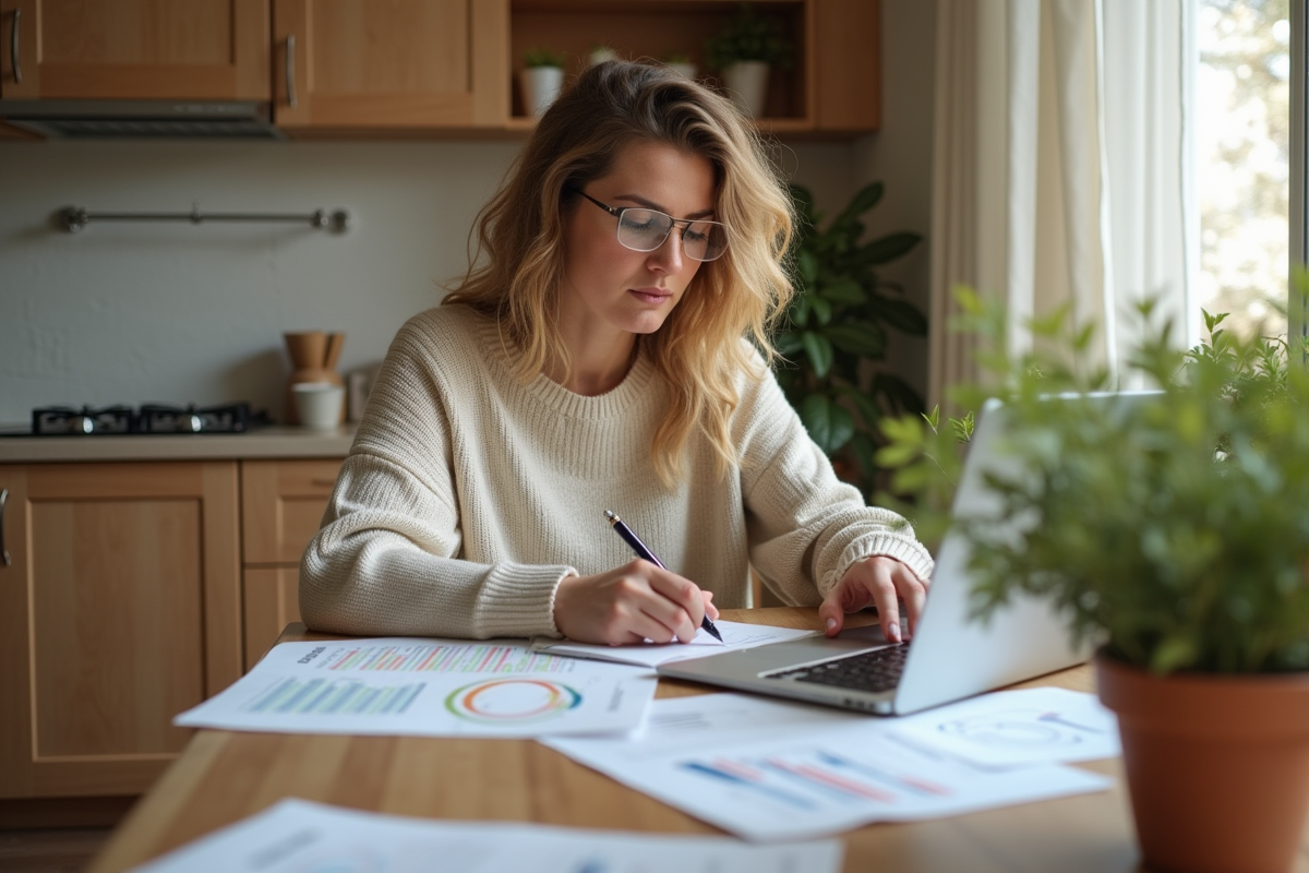 Femme calculant des chiffres à la maison dans la cuisine