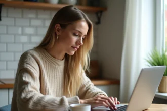 Femme utilisant un ordinateur portable pour faire une demande d'aide au logement via la plateforme Aidologement