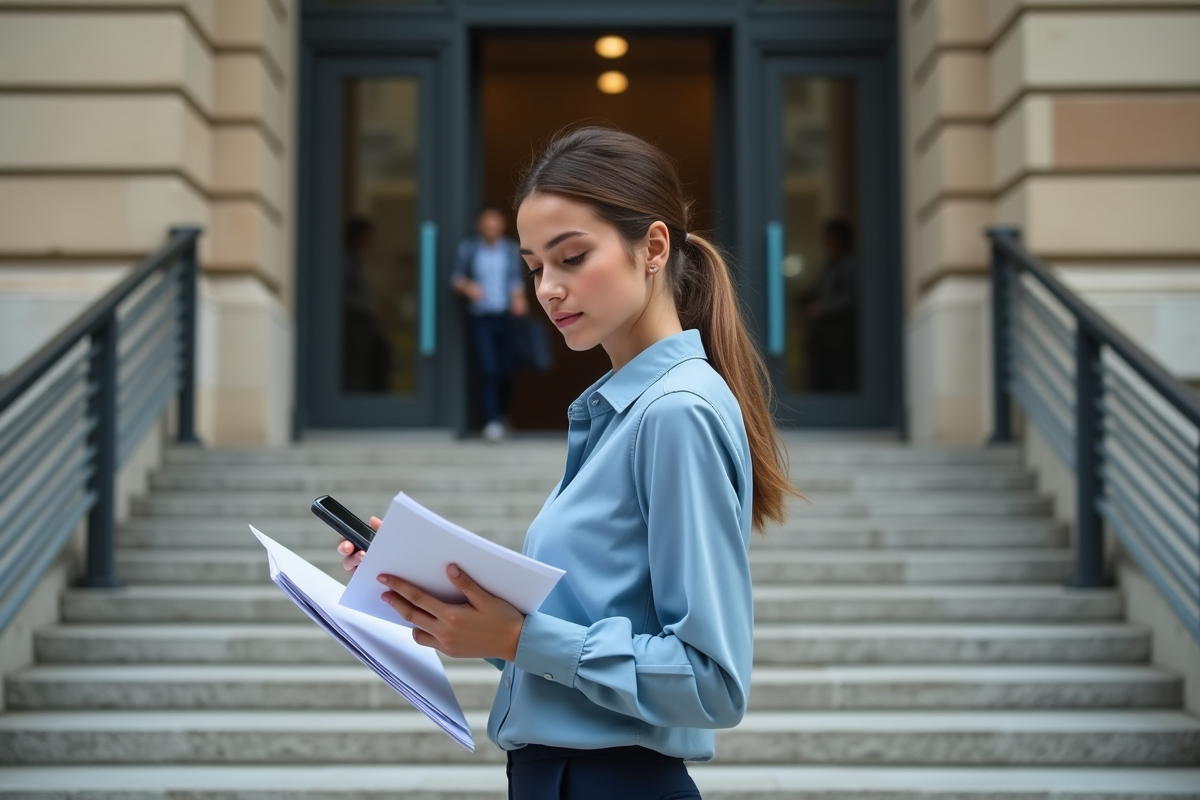 Jeune femme vérifiant ses documents devant un tribunal français