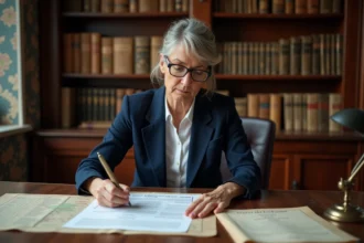 Femme consultant un document cadastral et des actes notariaux dans un bureau de notaire pour résoudre une succession bloquée