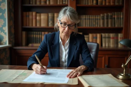 Femme consultant un document cadastral et des actes notariaux dans un bureau de notaire pour résoudre une succession bloquée