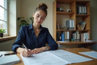 Jeune femme examinant des documents de caution pour un logement social à son bureau