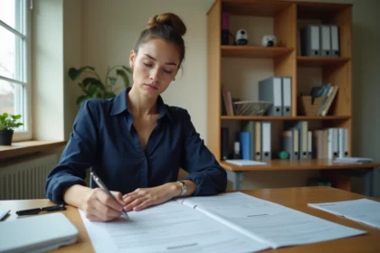 Jeune femme examinant des documents de caution pour un logement social à son bureau