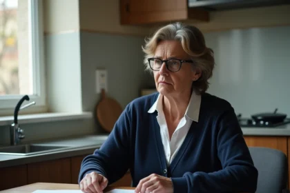 Femme lisant des documents administratifs HLM à sa table de cuisine concernant un surloyer