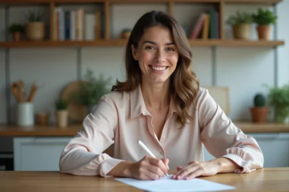 Femme écrivant une lettre de motivation dans une cuisine chaleureuse