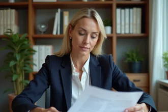 Femme entrepreneur consultant des statuts de SCI seule à son bureau à domicile