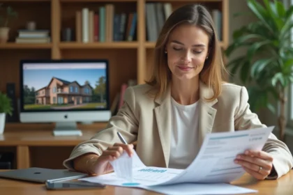 Femme consultant un rapport d'estimation immobilière à son bureau, rassurée par l'outil d'évaluation en ligne