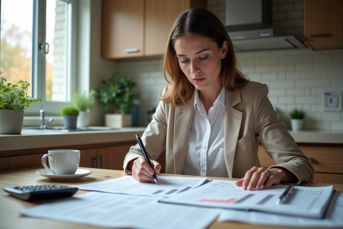 Jeune femme examinant des documents immobiliers à la cuisine