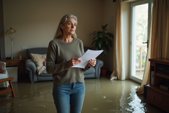 Femme préoccupée tenant des documents dans une maison inondée