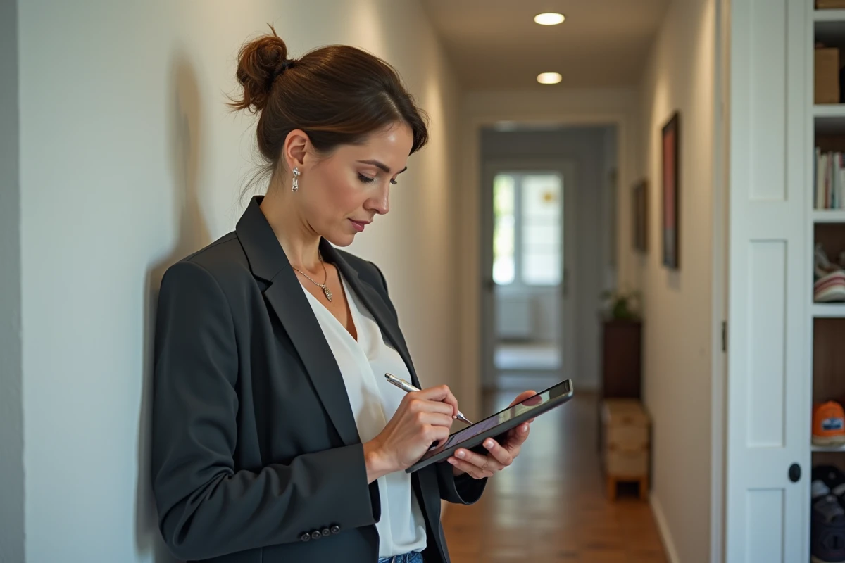Femme inspectant un appartement avec tablette dans l