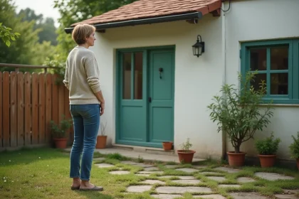 Femme d'âge moyen dans un jardin devant une maison blanche
