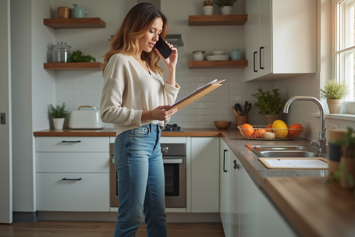 Femme inquiète dans une cuisine après une inondation
