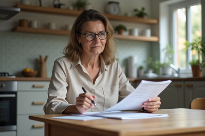 Femme d'âge moyen lisant documents immobiliers dans la cuisine