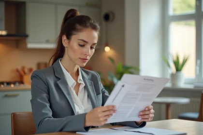 Jeune femme en business casual lit des papiers de location