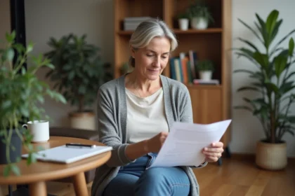 Femme d'âge moyen lisant un document chez elle