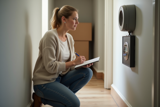 Femme moyenne âge lisant un compteur d'eau intérieur