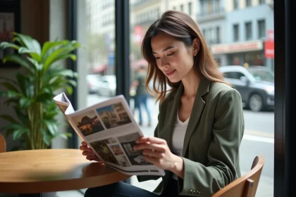 Femme élégante feuilletant un magazine immobilier dans un café