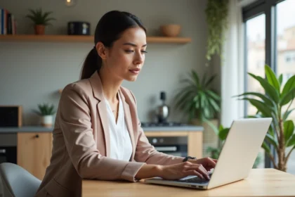 Femme en intérieur moderne consulte des données locatives