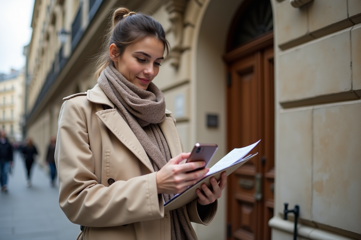 Jeune femme à Paris examinant des documents immobiliers