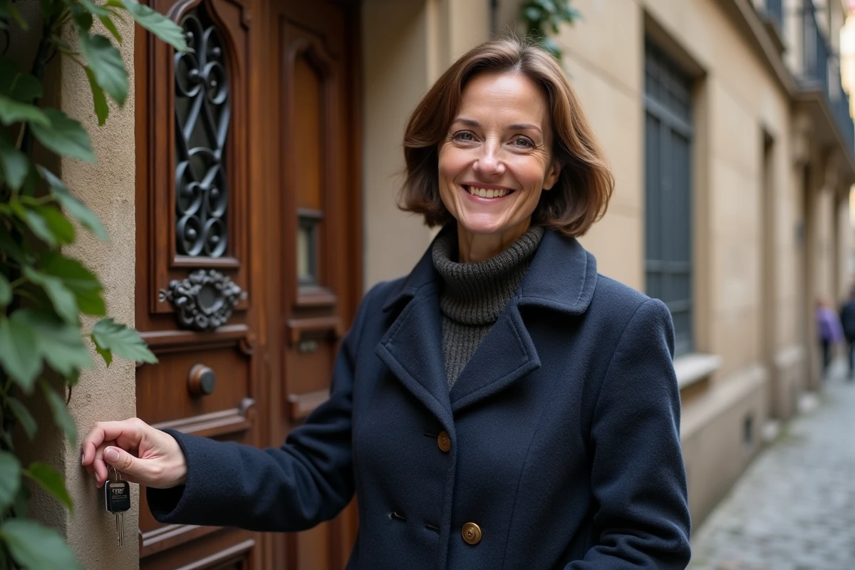 Femme souriante devant une maison lyonnaise ancienne
