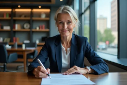 Femme d'âge moyen en costume professionnel examine des documents de prêt immobilier