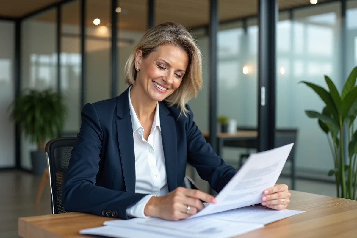 Femme professionnelle en immobilier souriante dans un bureau moderne