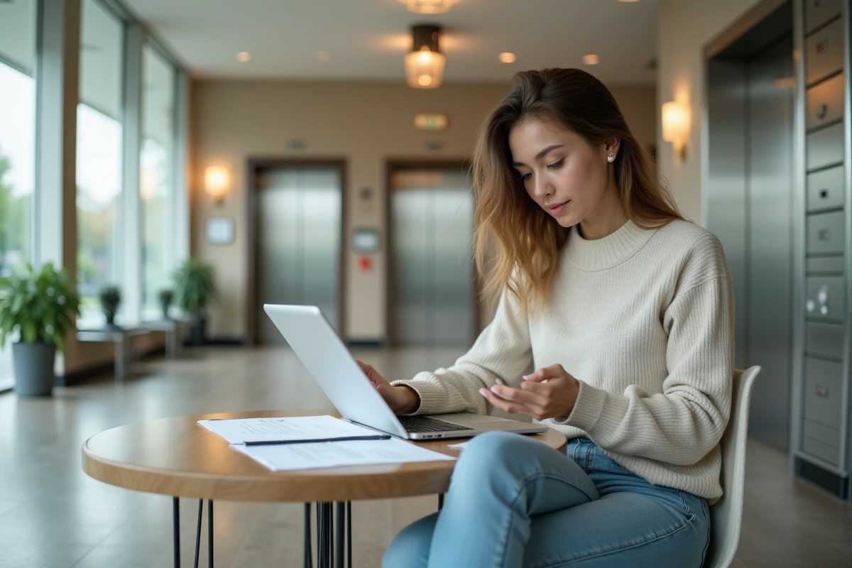 Jeune femme professionnelle utilisant une tablette dans le hall