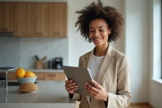 Femme professionnelle en blazer beige utilisant une tablette