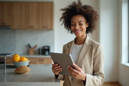 Femme professionnelle en blazer beige utilisant une tablette