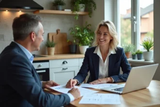 Femme professionnelle discutant d'une valuation immobilière dans une cuisine moderne