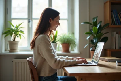 Femme en jeans cherchant immobilier sur son ordinateur