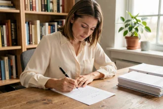 Femme rédigeant une lettre de motivation pour un appartement à son bureau à domicile