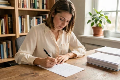 Femme rédigeant une lettre de motivation pour un appartement à son bureau à domicile
