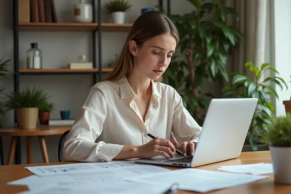 Jeune femme concentrée à son bureau à domicile