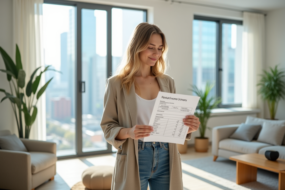 Jeune femme souriante tenant un rapport de revenus locatifs dans un appartement moderne
