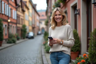 Femme souriante devant une maison alsacienne typique
