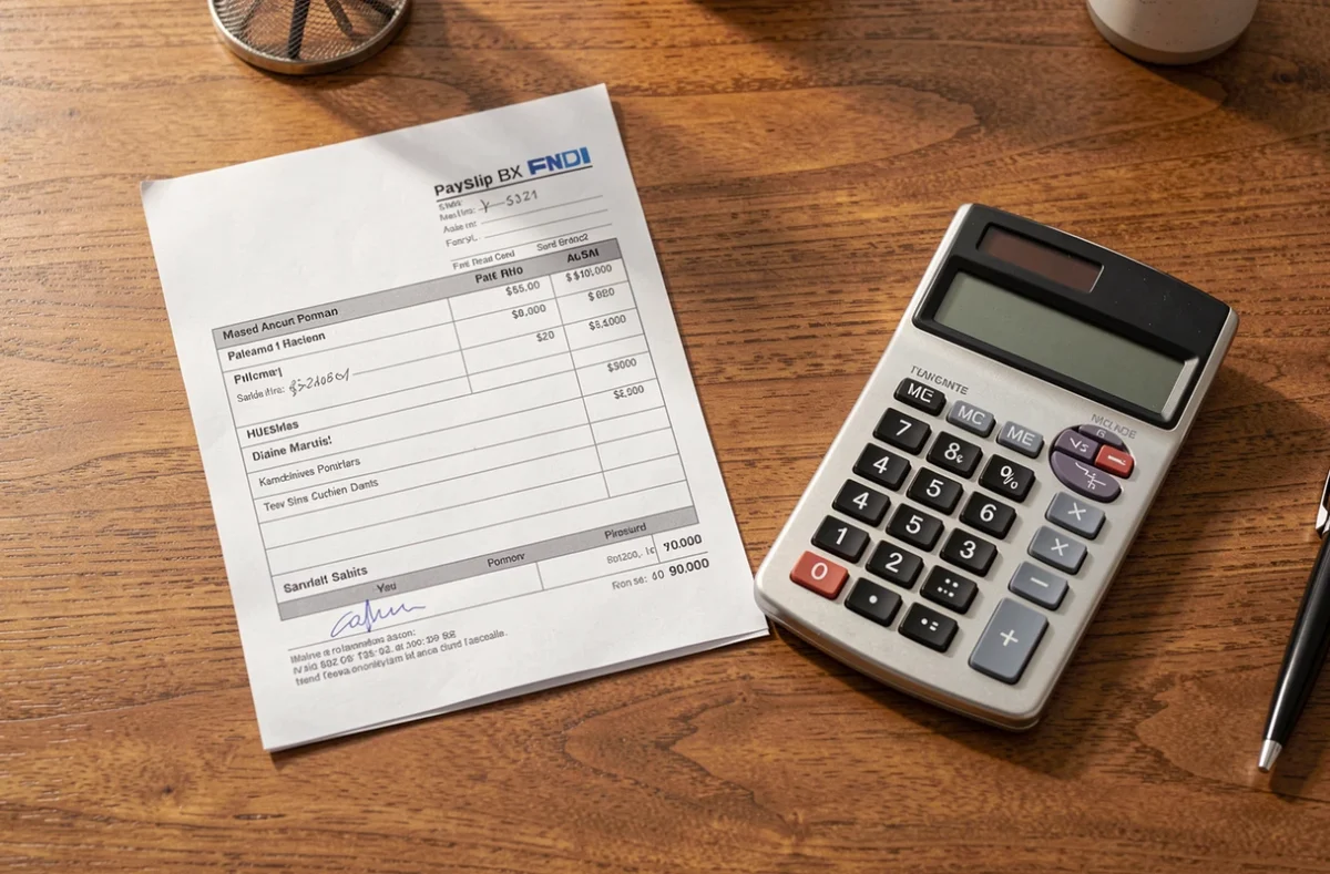 Fiche de paie et calculatrice posées sur un bureau