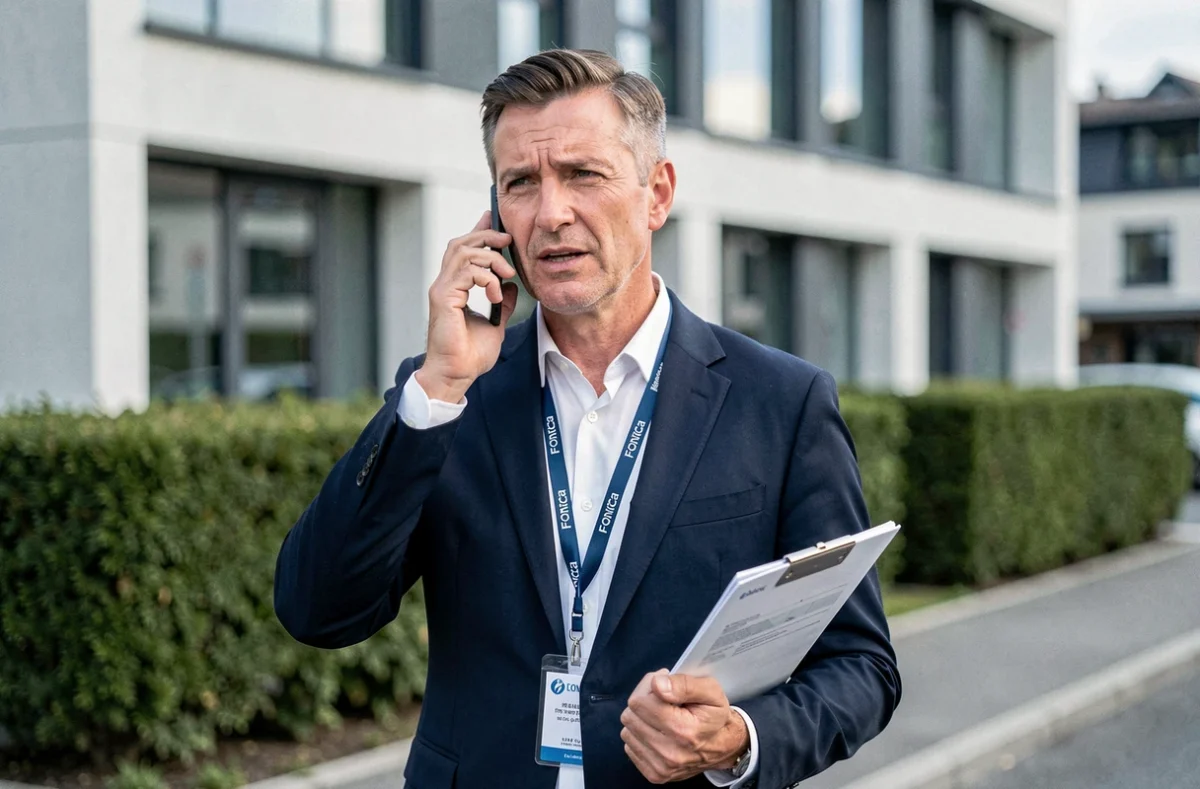 Agent Foncia en discussion téléphonique devant un immeuble moderne à Ferney-Voltaire