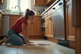 Femme examinant une fuite d'eau dans la cuisine moderne
