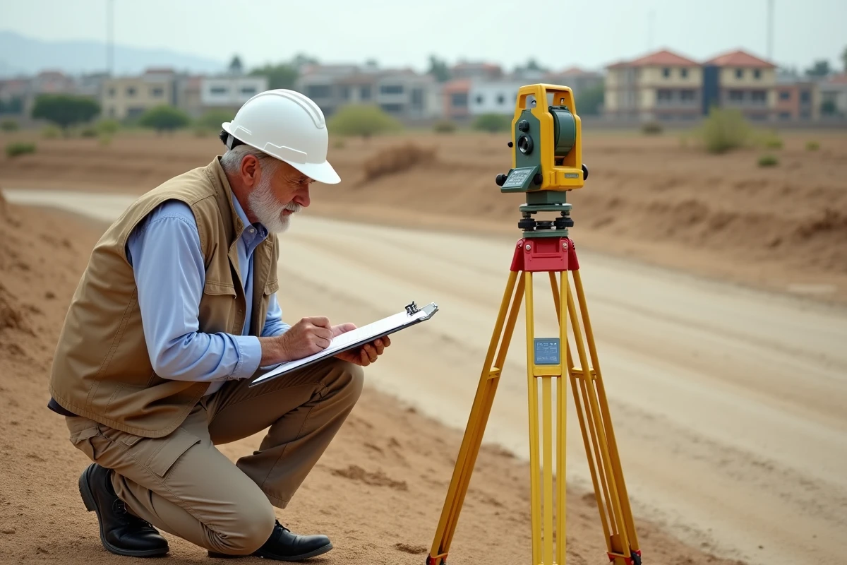 Géomètre expert examinant un plan topographique sur un terrain non constructible d'un hectare