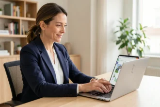 Femme professionnelle gérant sa location immobilière sur un tableau de bord numérique centralisé depuis son bureau à domicile