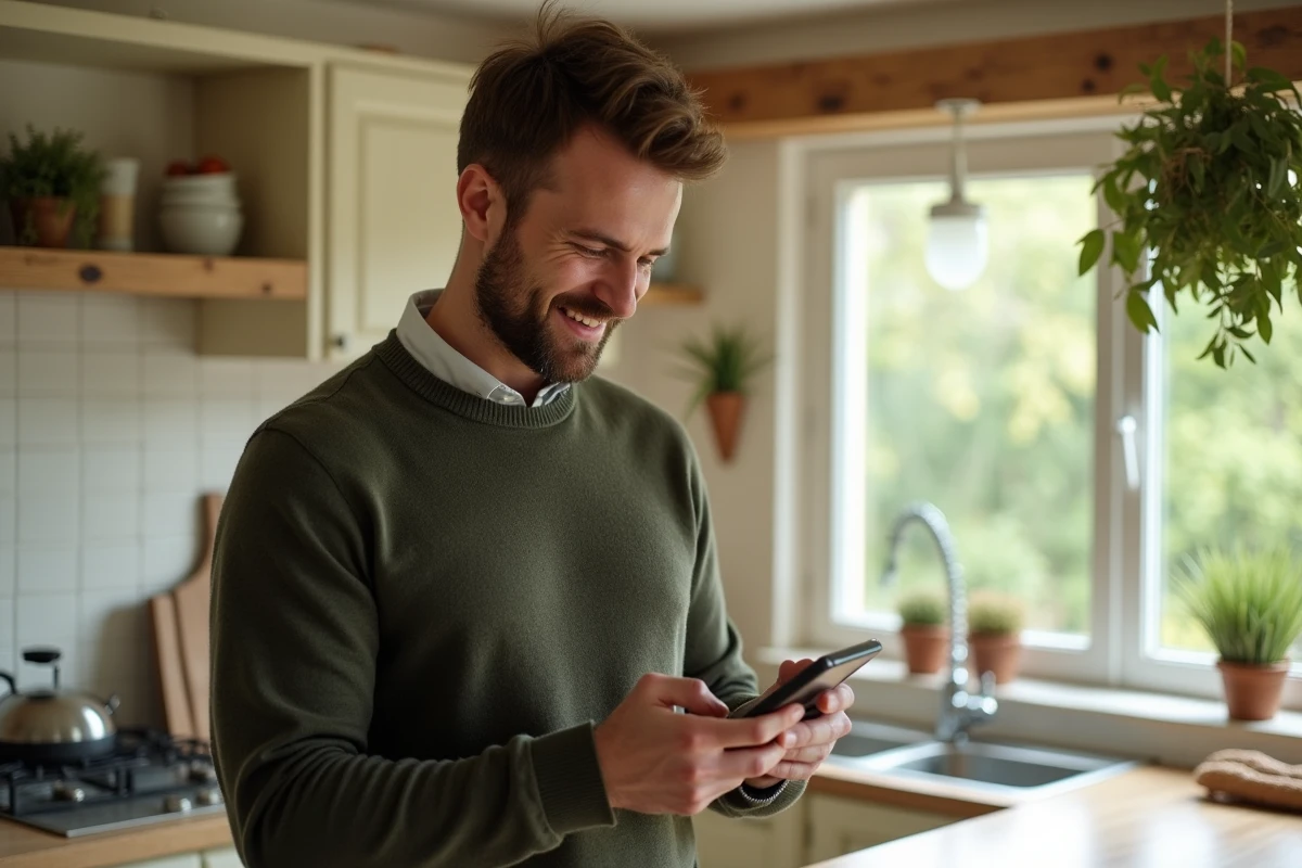 Propriétaire masculin gérant ses réservations Gîtes de France via une application mobile dans la cuisine d'un gîte