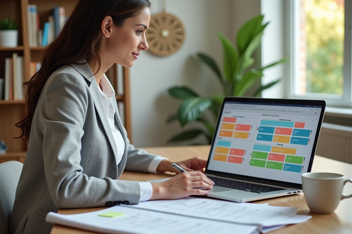 Femme gestionnaire de projet immobilier travaillant sur des modèles de rénovation sur ordinateur portable dans un bureau à domicile