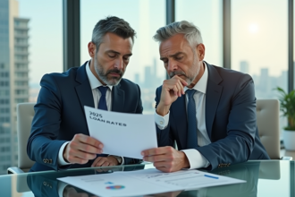 Homme d'affaires en costume bleu examine un document 2025