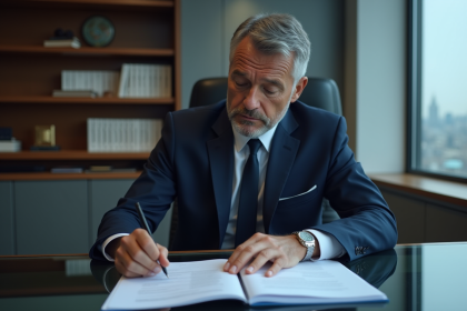 Homme d'affaires en costume bleu examinant des documents