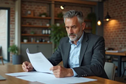 Homme d'affaires en intérieur moderne examinant des documents