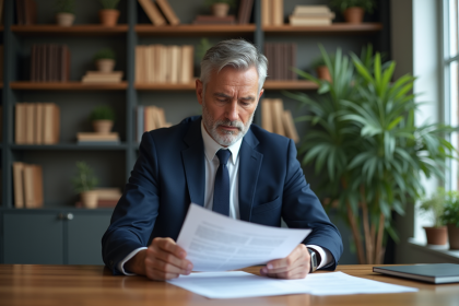 Homme d'affaires en costume lisant des papiers d'enchères