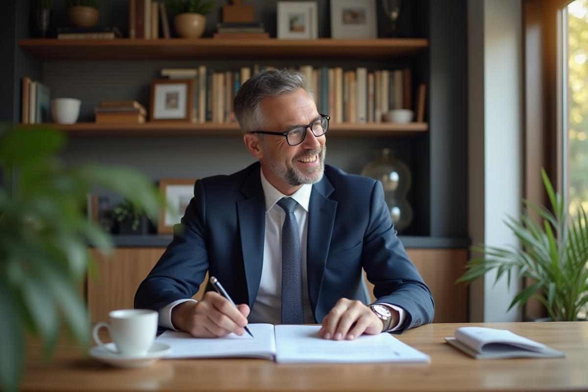 Homme d'affaires en costume lisant des documents de prêt immobilier