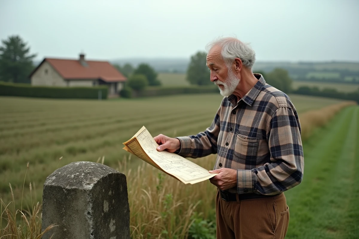 Homme âgé examinant une borne cadastrale sur une parcelle agricole familiale lors d'une démarche de succession